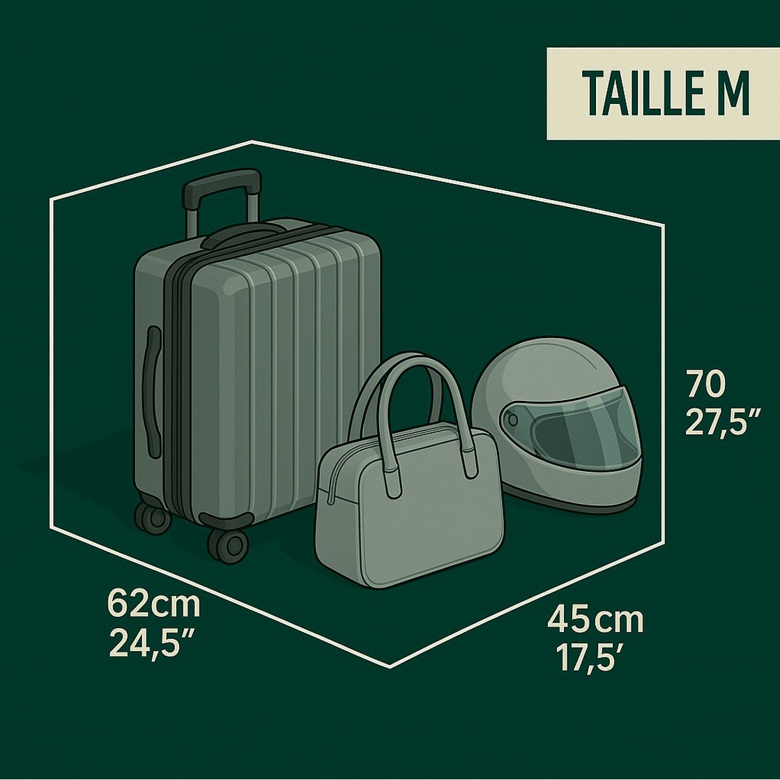 Exemple de capacité du casier M avec une valise, un sac et un casque