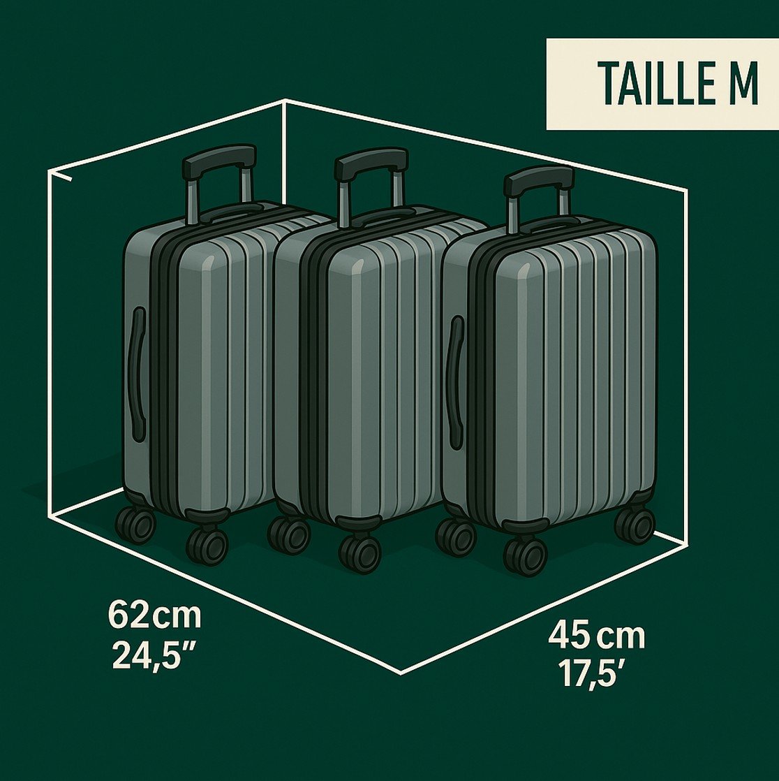 Exemple de capacité du casier M avec trois valises cabine