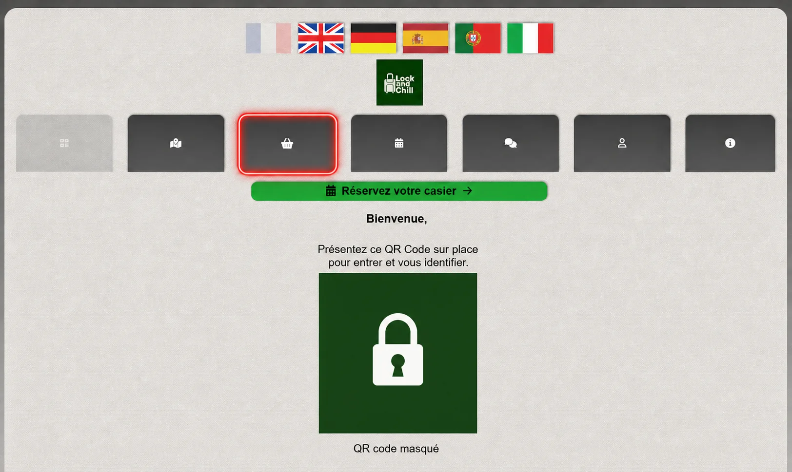 Espace personnel Lock and Chill avec l’onglet casier sélectionné et le QR code masqué
